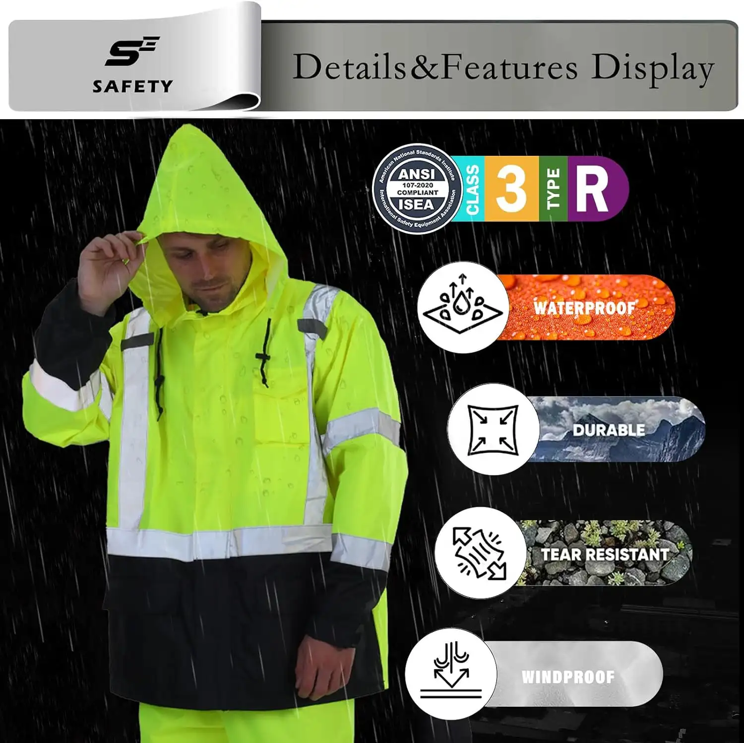 sesafety Hi Vis Rain Jacket, Rain Suits for Men Waterproof with Black Bottom - 717hyi8kdfl._ac_sl1500_